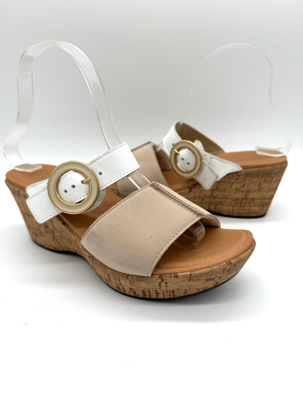 NAOT Breezy Slip On Wedge Sandal Nubuck  Leather Buckle Beige White Women's Sz 7